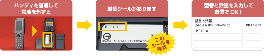 ハンディを裏返して電池を外すと このようなシールが貼ってあります このシールを確認 型番を入力します